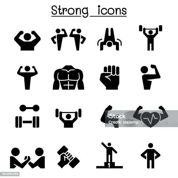 Ilustración de Conjunto De Iconos De Fitness Y Fuerte y más Vectores Libres de Derechos de Ícono - Ícono, Musculoso, Fuerza