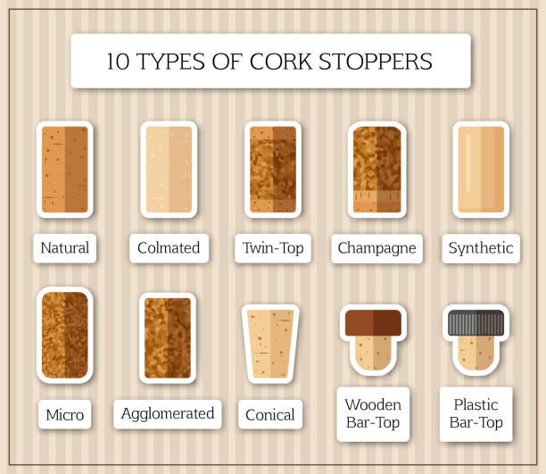 ilustraciones, imágenes clip art, dibujos animados e iconos de stock de conjunto de parches con 10 tipos de tapón de corcho. - champagne cork isolated single object