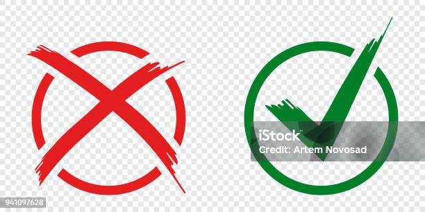 Acceptance And Rejection Symbol Vector Buttons For Vote Election Choice Circle Brush Stroke Borders Symbolic Ok And X Icon Isolated On Whitetick And Cross Signs Checkmarks Design Stock Illustration - Download Image Now