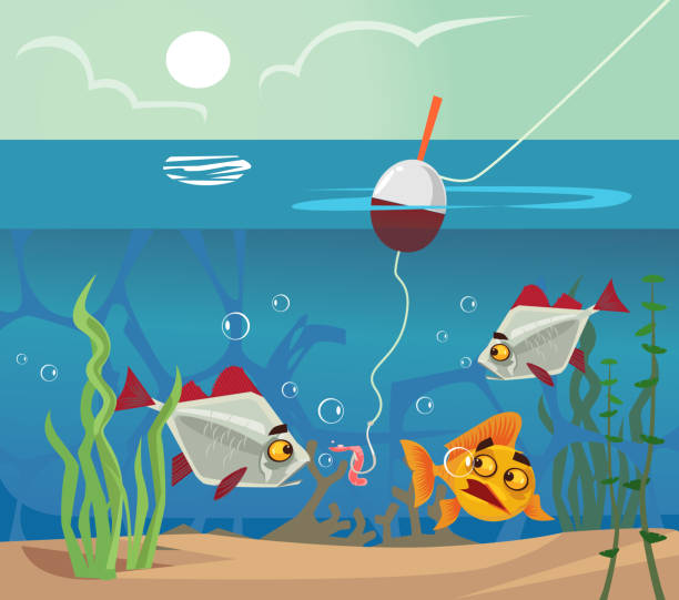 illustrazioni stock, clip art, cartoni animati e icone di tendenza di pesca sul fondo guardando l'amo dell'esca del verme. concetto di lago marino delle acque di pesca - worm cartoon fishing bait fishing hook