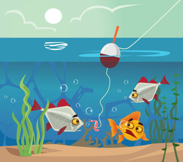 ilustrações de stock, clip art, desenhos animados e ícones de fish at bottom looking at worm bait hook. fishing water sea lake concept - worm cartoon fishing bait fishing hook