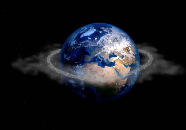 Space junk ring around the planet Earth viewed in the dark space with small bright stars