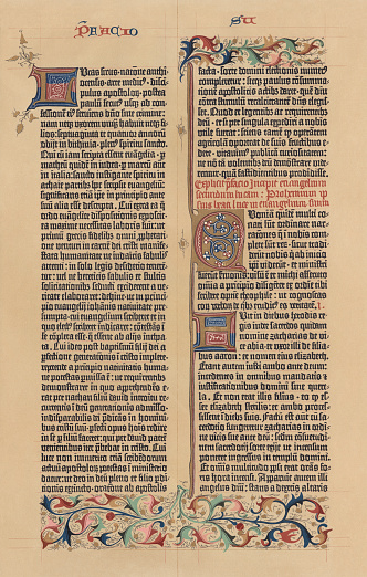 Facsimile from the 42-line Bible in latin language on parchment. Printed (1452/54) by Johannes Gutenberg, Mainz, Germany. Introduction to the Gospel of Luke and beginning of the first chapter (1-11). Lithograph, published in 1897.