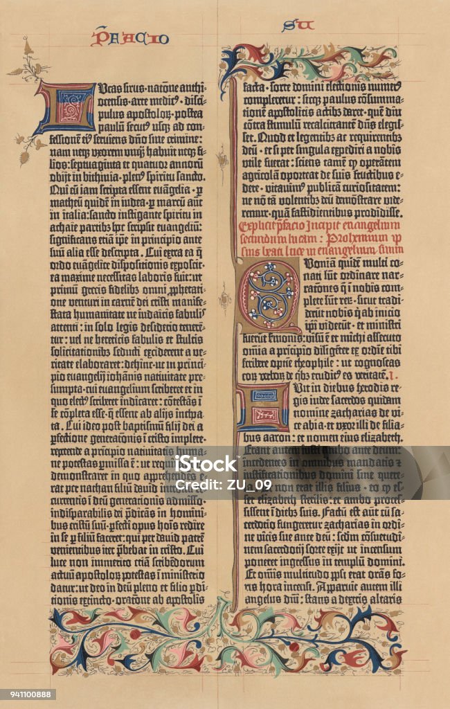 Facsimile from the 42-line Bible by Johannes Gutenberg, published 1897 Facsimile from the 42-line Bible in latin language on parchment. Printed (1452/54) by Johannes Gutenberg, Mainz, Germany. Introduction to the Gospel of Luke and beginning of the first chapter (1-11). Lithograph, published in 1897. Manuscript stock illustration