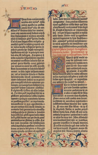 Facsimile from the 42-line Bible by Johannes Gutenberg, published 1897 Facsimile from the 42-line Bible in latin language on parchment. Printed (1452/54) by Johannes Gutenberg, Mainz, Germany. Introduction to the Gospel of Luke and beginning of the first chapter (1-11). Lithograph, published in 1897. manuscript stock illustrations