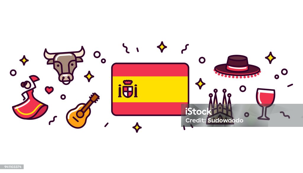 Spain symbols banner illustration Spain banner design elements. Spanish flag surrounded with traditional signs and symbols. Vector clip art illustration, cute cartoon style. Spain stock vector