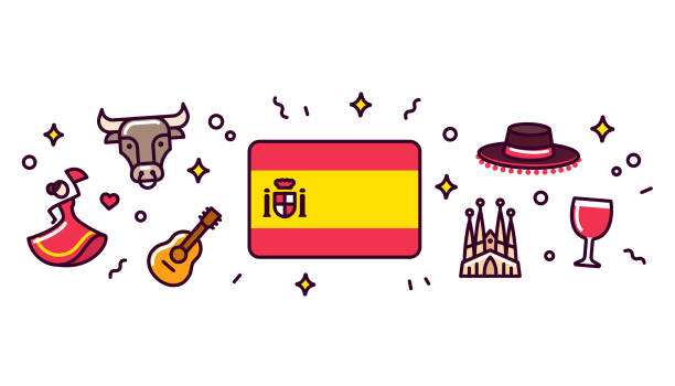 Spain symbols banner illustration Spain banner design elements. Spanish flag surrounded with traditional signs and symbols. Vector clip art illustration, cute cartoon style. spanish culture illustrations stock illustrations