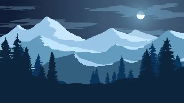 Vector illustration of Vector wallpaper with a night landscape, a mountain range