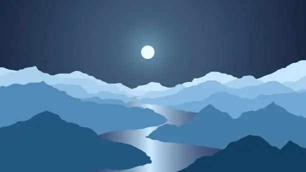 Vector illustration of Vector wallpaper with a night landscape, mountains and river