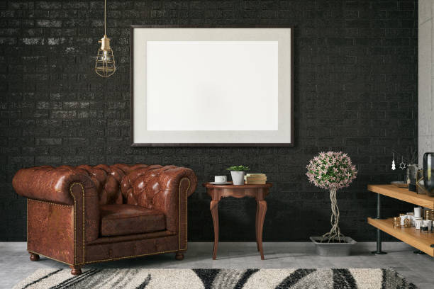 Empty Frame in Living Room Black picture frame in living room with leather arm chair animal skin photos stock pictures, royalty-free photos & images