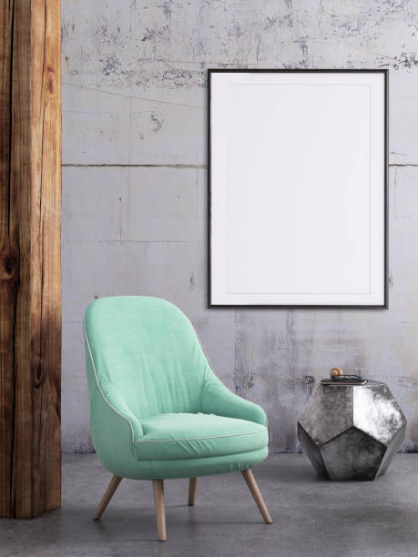 istock Hipster interior scene with pastel colored armchair and picture frame template 941107738