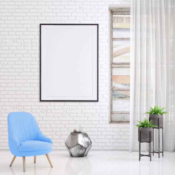 istock Hipster interior scene with pastel colored armchair and picture frame template 941107758