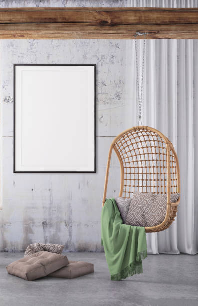 istock Modern interior with pendant chair and picture frame template 941107788
