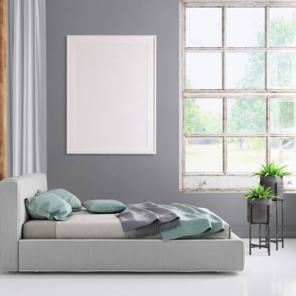 istock Bedroom interior with pastel colored bed and picture frame template 941107790