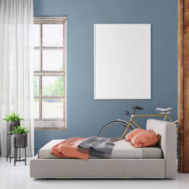 istock Bedroom interior with pastel colored bed and picture frame template 941107796