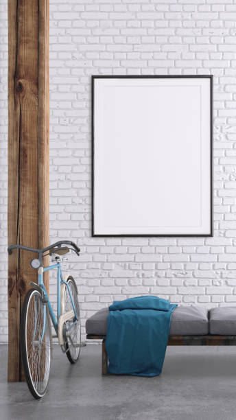 istock Bedroom interior with pastel colored bicycle and picture frame template 941107822