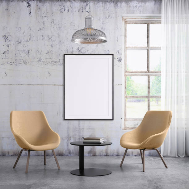 istock Pastel colored armchairs interior with picture frame template 941107848