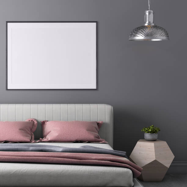 istock Bedroom interior with pastel colored bed and picture frame template 941107880