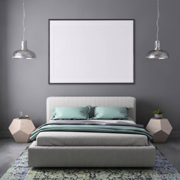 istock Bedroom interior with pastel colored bed and picture frame template 941107888