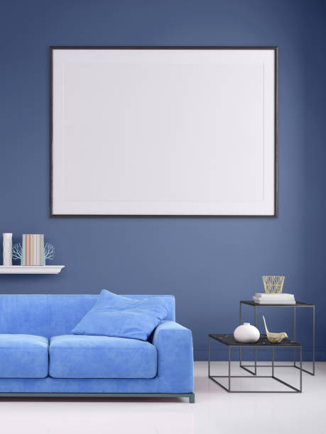 istock Modern interior apartment with pastel colored sofa and picture frame template 941107910