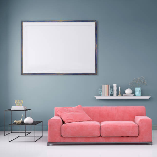 istock Modern interior apartment with pastel colored sofa and picture frame template 941107916