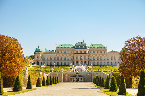 Belvedere palace in Vienna, Austria. It's a historic building complex, consisting of two Baroque palaces, the Orangery, and the Palace Stables.