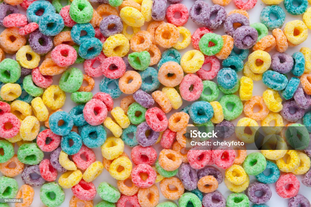 Multicolor cereals with fruity Multicolor cereals with fruity  top view, Breakfast Cereal Stock Photo