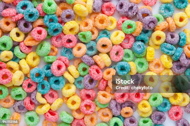 Multicolor Cereals With Fruity Stock Photo - Download Image Now - Breakfast Cereal, Ring - Jewelry, Backgrounds