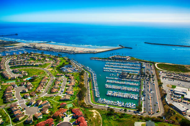 Oceanside California Aerial The coastline of Oceanside, California located in northern San Diego County in Southern California from an altitude of about 1000 feet. marina california stock pictures, royalty-free photos & images