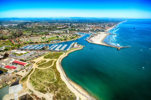 The coastline of Oceanside, California located in northern San Diego County in Southern California from an altitude of about 1000 feet.