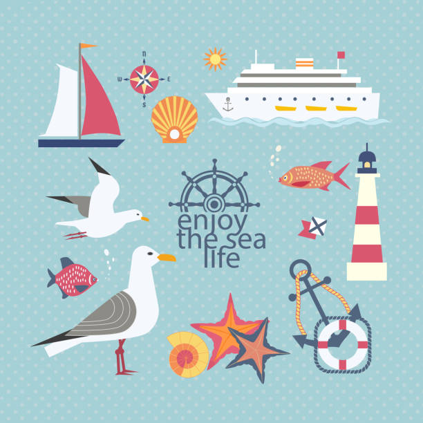 illustrazioni stock, clip art, cartoni animati e icone di tendenza di icone vintage nautiche - sea life centre