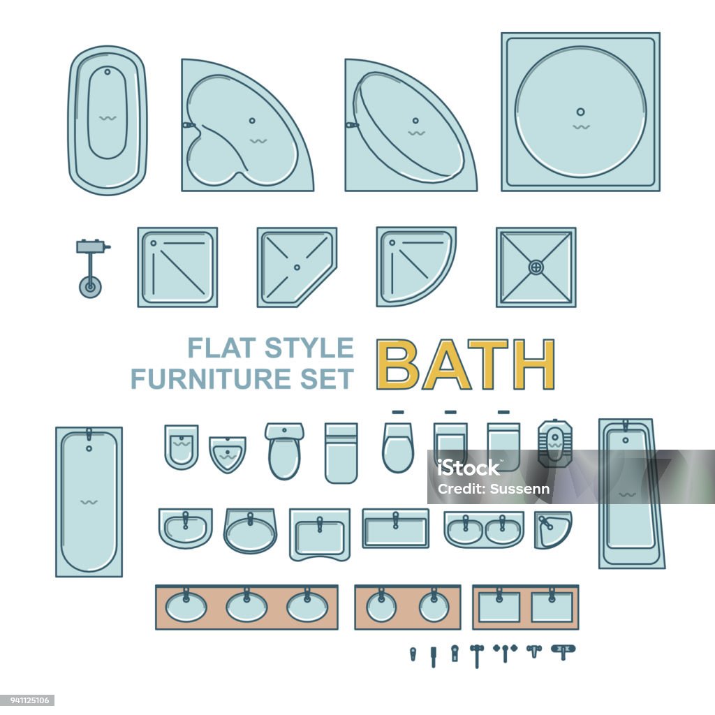 Bath Equipment Showers, Toilets, Sinks And Bath Equipment Flat Style Set Apartment stock vector