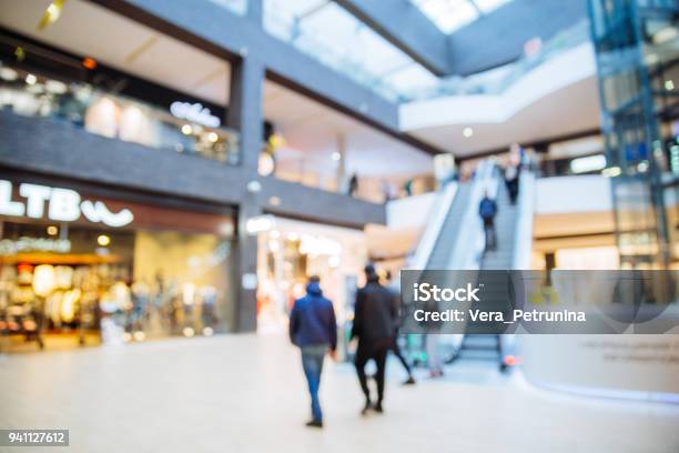 Modern Shopping Center Blurred Out Of Focus Stock Photo - Download Image Now - Shopping Mall, Escalator, Walking