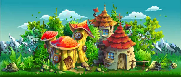 Vector illustration of Fairy tales village with small houses. Vector illustration.