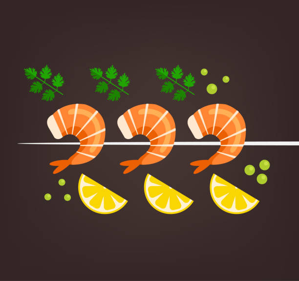 Tasty fresh cooked fried shrimps dish with lemon slice and paprika. Sea food nutrition concept Tasty fresh cooked fried shrimps dish with lemon slice and paprika. Sea food nutrition concept. Vector flat cartoon isolated illustration fish fry icon stock illustrations