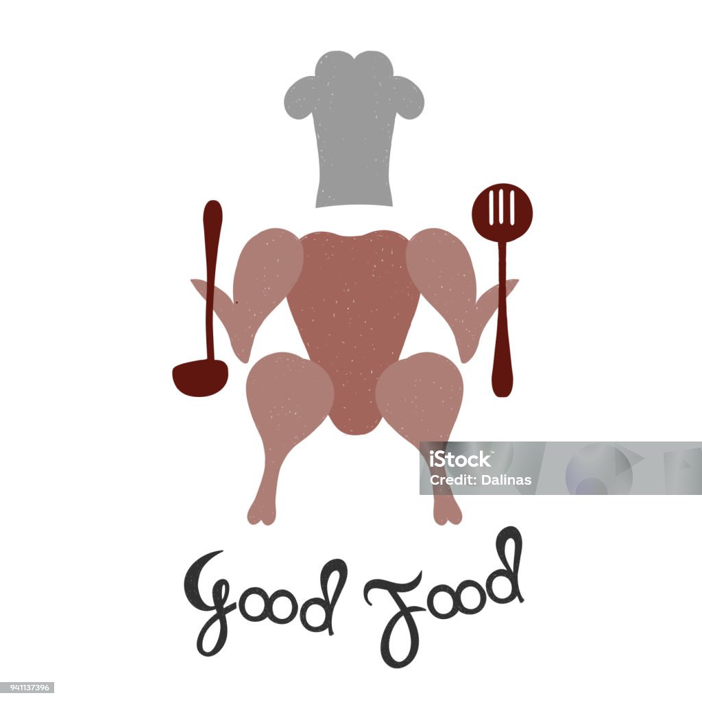 Chicken in the cook's hat. Grilled chicken with Cutlery restaurant logo design.Vector illustration. Animal stock vector
