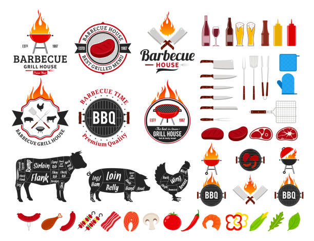 ilustrações, clipart, desenhos animados e ícones de conjunto de rótulos de churrasco de vetor, ícones e elementos de design - chicken fish beef pig