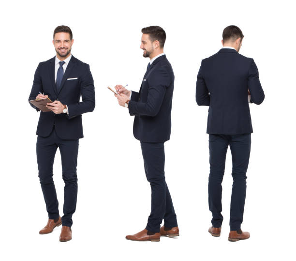 istock Young caucasian businessman with clipboard front back side view isolated 941149050