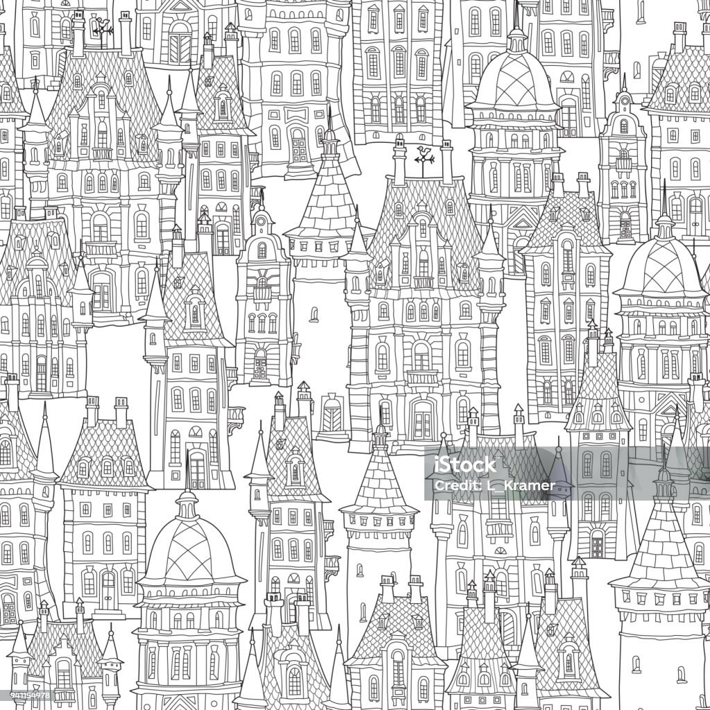 Seamless pattern of fantasy urban landscape. Fairy tale castle, old medieval town. Hand drawn sketch, house and tower silhouette. T-shirt print. Album cover. Coloring book page for adults. Black and white doodle Denmark stock vector