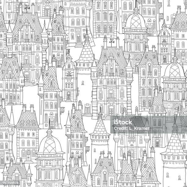 Seamless Pattern Of Fantasy Urban Landscape Fairy Tale Castle Old Medieval Town Hand Drawn Sketch House And Tower Silhouette Tshirt Print Album Cover Coloring Book Page For Adults Black And White Doodle Stock Illustration - Download Image Now
