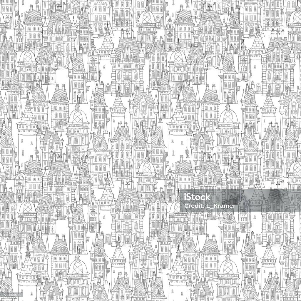 Seamless pattern of fantasy urban landscape. Fairy tale castle, old medieval town. Hand drawn sketch, house and tower silhouette. T-shirt print. Album cover. Coloring book page for adults. Black and white doodle Black And White stock illustration