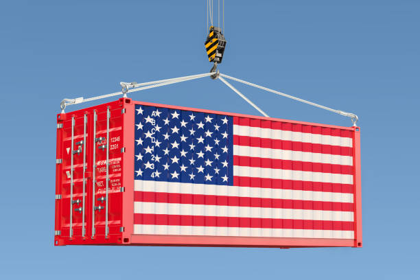 istock Cargo container with American flag hanging on the crane hook against blue sky, 3d rendering 941160278