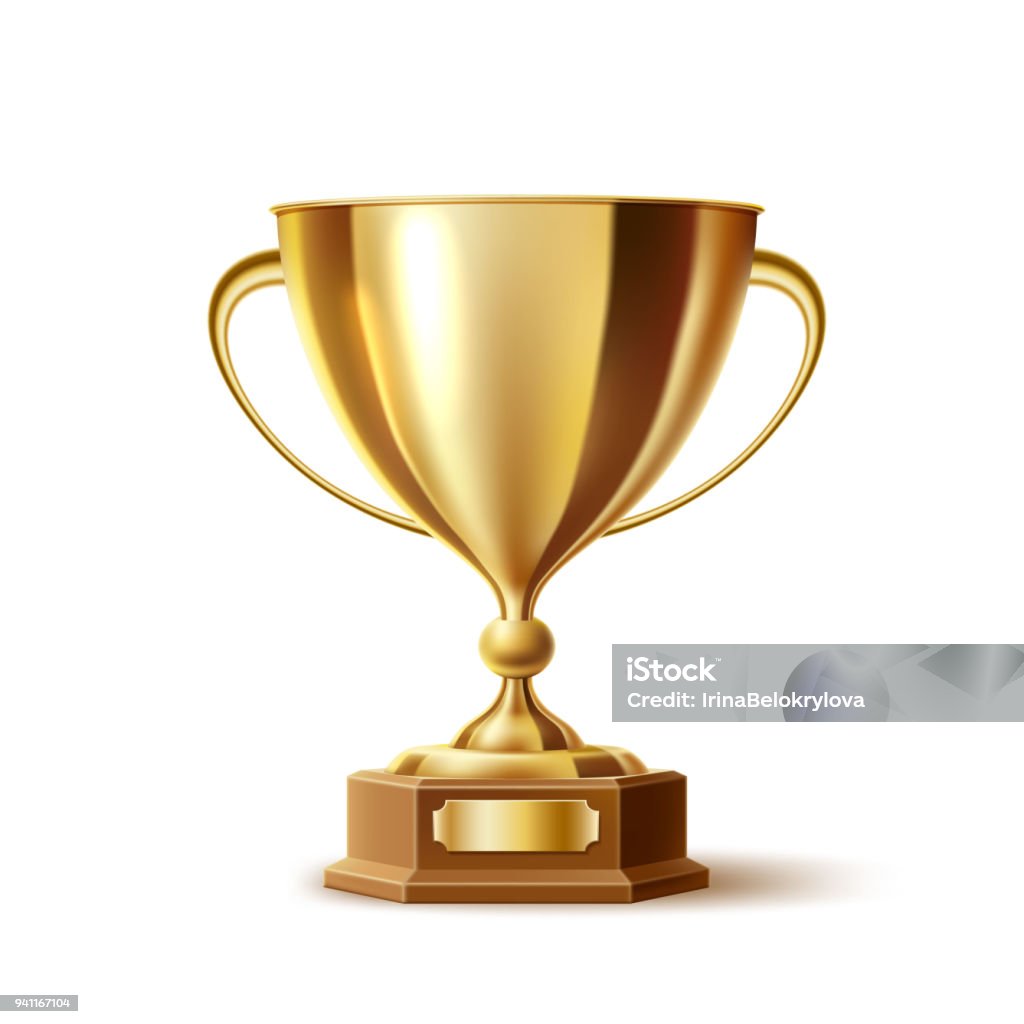 Vector realistic golden trophy, gold cup award Golden trophy, gold cup award. 3d First place winner, champion reward, sport prize, victory and business success, leadership and achievement symbol. Realistic vector illustration isolated Trophy - Award stock vector