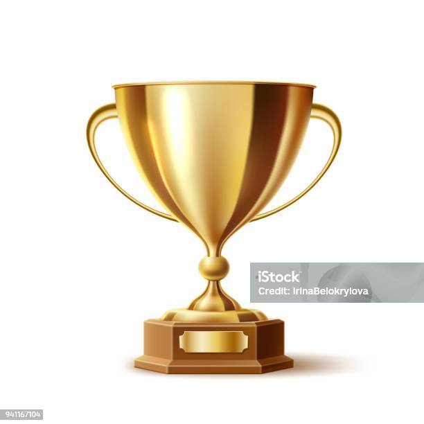 Vector Realistic Golden Trophy Gold Cup Award Stock Illustration - Download Image Now - Trophy - Award, Three Dimensional, Gold - Metal