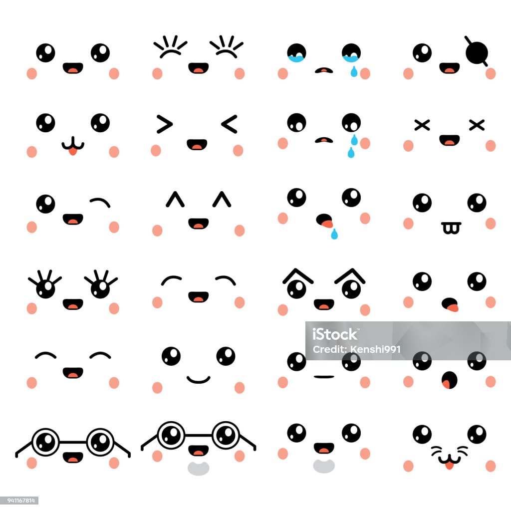 Set kawaii o cute iconos emoji, emoticonos y cara. Vector. - arte vectorial de Kawaii libre de derechos