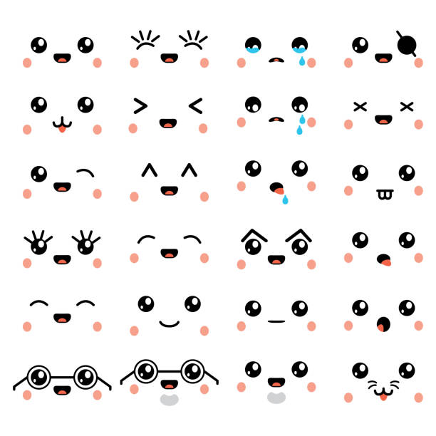 Kawaii or cute emoticon, emoji and face icons set. Vector. Kawaii or cute emoticon, emoji and face icons set. Vector. eps10 kawaii stock illustrations