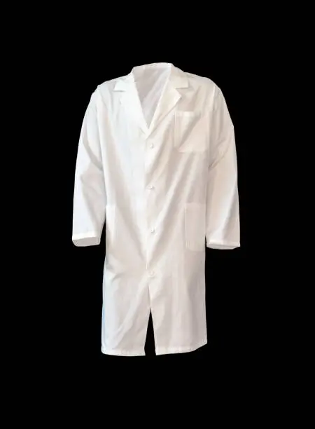 medical white coat isolated on black background, cut out from mannequin or modeling doll