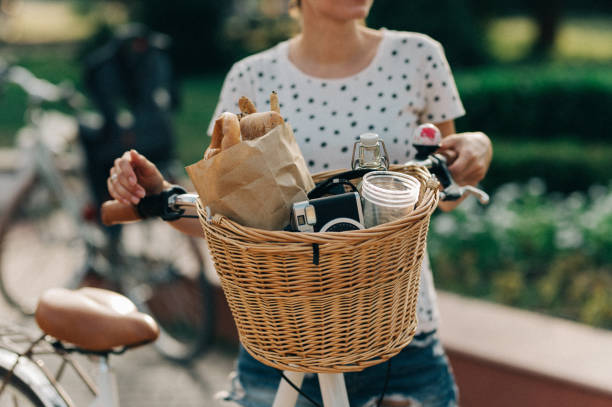 Bicycle basket full of groceries ready for a picnic in the park.