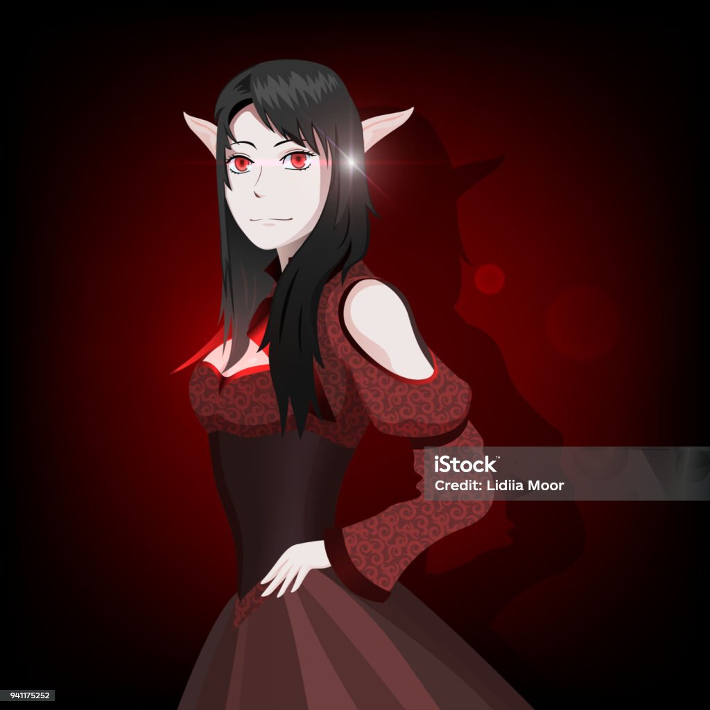 Elf Girl, Vampire Girl, Anime Character, Game Character Isolated Elf girl in red dress and black hair, vampire girl, anime character, game character Manga Style stock vector