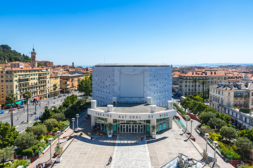 NICE, FRANCE - JUNE 23, 2016: Aerial view of the National Theater of City of Nice (Theatre National de Nice) and Promenade des Arts